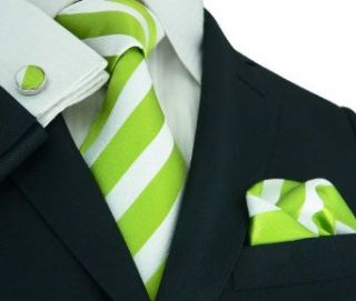 Landisun 335 Light Green White Stripes Mens Silk Tie Set Tie+Hanky+Cufflinks at  Mens Clothing store