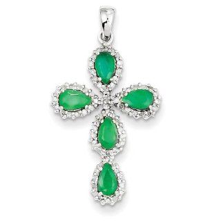 14k White Gold Diamond & Emerald Cross Pendant Jewelry