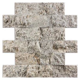 2 x 4 Silver Travertine Split Face Mosaic Tile   Stone Tiles  