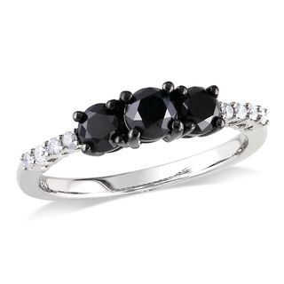 Miadora Sterling Silver 1ct TDW Black and White Diamond Three stone Ring Miadora Diamond Rings