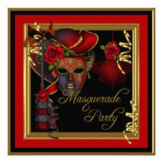 Masquerade Party Red Masks Gold Black Birthday Announcements