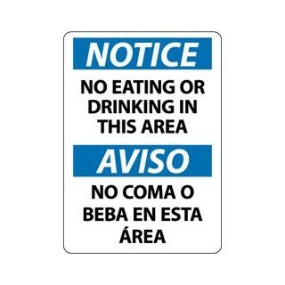 NMC ESN383AB Bilingual OSHA Sign, Legend "NOTICE   NO EATING OR DRINKING IN THIS AREA", 14" Length x 10" Height, 0.040 Aluminum, Black/Blue on White Industrial Warning Signs