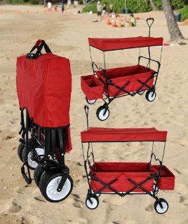 RED OUTDOOR FOLDING WAGON W/ CANOPY GARDEN UTILITY TRAVEL CART LARGE ALL TERRAIN BEACH TIRES Toys & Games