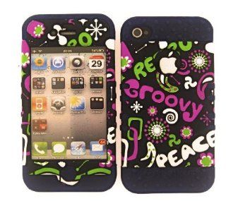 3 IN 1 HYBRID SILICONE COVER FOR APPLE IPHONE 4 4S HARD CASE SOFT DARK BLUE RUBBER SKIN GROOVY PEACE DB TE387 KOOL KASE ROCKER CELL PHONE ACCESSORY EXCLUSIVE BY MANDMWIRELESS Cell Phones & Accessories