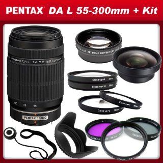 Pentax DA L 55 300mm f/4 5.8 ED Lens for Pentax k 5, k5, k r, kr k x, kx and Samsung Digital SLR Cameras with 0.45x Wide Angle Macro Lens, 2x Telephoto Lens, 3 Piece Filter Kit (UV, CPL, FLD), 4 Piece Macro Lens Kit (+1, +2, +4, +10)Lens Hood & Lens Ca