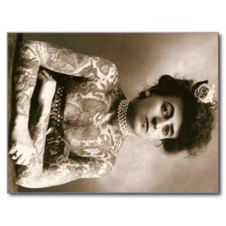 Tattooed Lady w/ Pearls Postcard Vintage Circus
