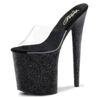 Sparkling Black Glitter Heels with Clear Top Strap and 8 Inch Heels Shoes