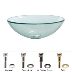 KRAUS Vessel Sink in Clear Glass with Pop up Drain and Mounting Ring in Satin Nickel GV 101 SN