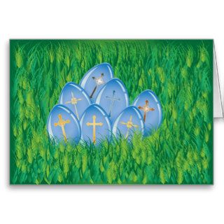 Decorated blue Easter eggs on grass Greeting Card