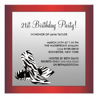 Womans Red Zebra 21st Birthday Party Custom Invite