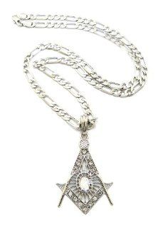 New Silver Rhinestone G Square and Compass Pendant w/ 5mm 24" Figaro Chain MSP358R Pendant Necklaces Jewelry