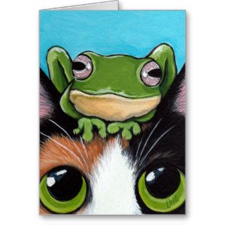 Cute Frog and Tortoiseshell Cat Greeting Card