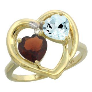 10K Yellow Gold Heart Ring 6mm Natural Garnet & Aquamarine Diamond Accent, sizes 5 10 Jewelry