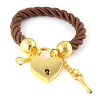 Charm Bracelet with Gold Plated Heart and Key Chain   Brown Jewelry