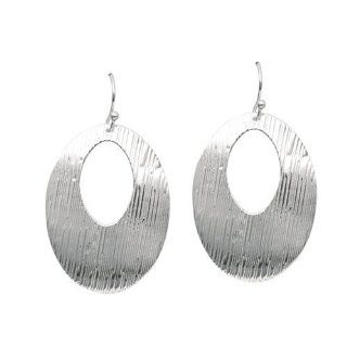 Silver Rhodium Plated Textured Polish 0.75X40mm Open Oval In Flat Oval Dangle Earring Jewelry