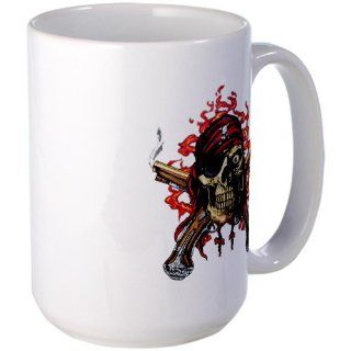 Large Mug Coffee Drink Cup Pirate Skull with Pistols Flames and Red Bandana  