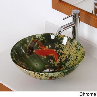 Elite N125F371023 'Koi and Lily Pond' Tempered Glass Bathroom Vessel Sink With Faucet Combo Elite Bathroom Sinks