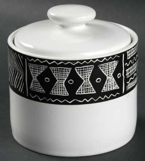 Sakura Batik Sugar Bowl & Lid, Fine China Dinnerware   Black Rim W/White   Desig