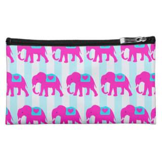 Hot Pink Teal Turquoise Blue Elephants on Striped Makeup Bag