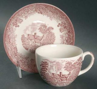 Wedgwood Romantic England Red Flat Cup & Saucer Set, Fine China Dinnerware   Red