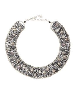 Crystal/Pearl Bib Necklace, Silver/Multi