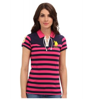 U.S. Polo Assn Striped Polo with Tie Closure Womens Short Sleeve Knit (Pink)