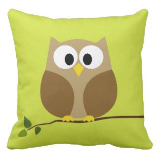 Cute Owl Cartoon on branch with Pattern on back Pillows