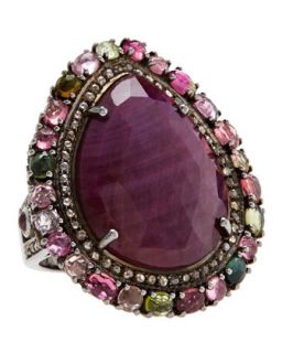 Tourmaline & Diamond Outlined Ruby Pear Ring, Size 7