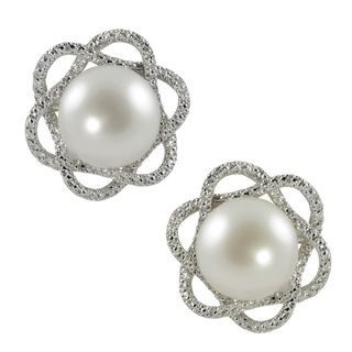 Sterling Silver White Freshwater Button Pearl and Diamond Stud Earrings (H I, I1 I2) (9 10 mm) Pearls For You Pearl Earrings