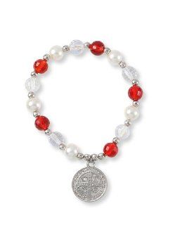 St. Benedict 0.71" Medal Bracelet with Red and AB Clear Crystals. Assembled in the U.S.A. Rosary Beads Jewelry
