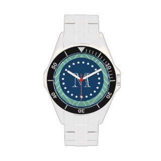 Navy Blue, Mint Green Chevron Pattern  Your Monog Wrist Watch