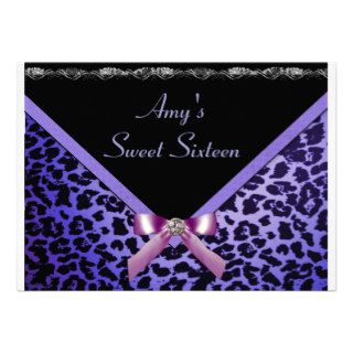 Cute Puple blue Leopard & ribbon Sweet 16 Birthday Personalized Invitation