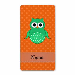 Personalized name green owl orange polka dots labels