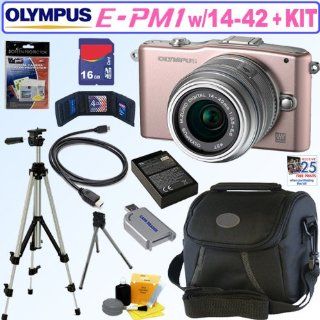 Olympus PEN E PM1 12.3 MP Live MOS Micro Four Thirds Interchangeable Lens Digital Camera (Pink) with ED 14 42mm II f/3.5 5.6 M. Zuiko Digital Zoom Lens + 16GB Deluxe Accessory Kit  Camera & Photo