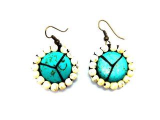 Thai Collection Wax Cord Light Blue Turquoise with White Beads Drop Earrings Jewelry