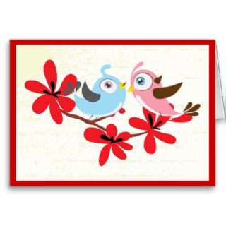 Cute couple of birds red flowers greeting card