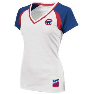 MLB Chicago Cubs Women's Short Sleeve Raglan Deep V Neck Synthetic Tee (White/Deep Royal/Athletic Red)  Clothing
