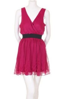 Janette Girls V Neck Black Wide Band Vertical and Chevron Pleated Dress Fuchsia Pink Large