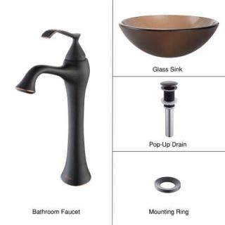 KRAUS Vessel Sink in Frosted Glass Brown with Ventus Faucet in Oil Rubbed Bronze C GV 103FR 12mm 15000ORB