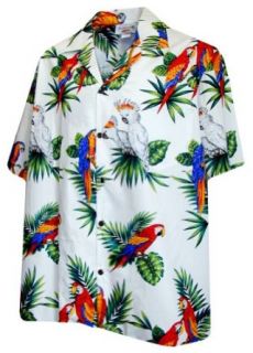 Parrot Palms   Men's Hawaiian Print Aloha Shirt   in White Clothing