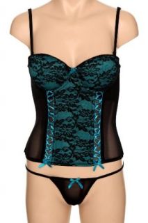 Teal And Black Ribbon And Lace Bustier And Thong Set Size  Small