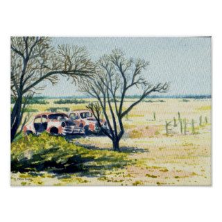 Art Poster / Print Old Car Wrecks Country Scene