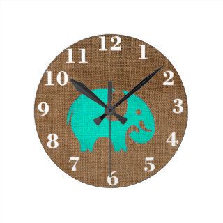 Whimsical Cute teal blue retro elephant jute photo Wall Clock