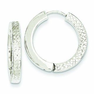 14K White Gold Textured and Polished Hollow Hinged Hoop Earrings Jewelry