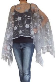 Sequin Embroidery Scarf, Caftan Tops Tunic Poncho Casual, Evening Shawl Gray Fashion Scarves
