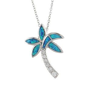 La Preciosa Sterling Silver Created Blue Opal and CZ Palm Tree Necklace La Preciosa Gemstone Necklaces