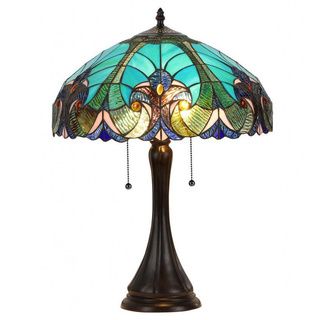 Tiffany style Victorian 2 light Table Lamp with Blue Glass Shade Tiffany Style