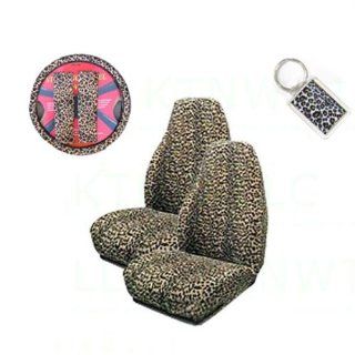 A Set of 2 Universal Fit Animal Print High Back Bucket Seat Covers, Wheel Cover, 2 Shoulder Pads, and 1 Key Fob   Cheetah Tan Automotive
