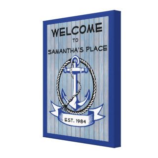 Welcome Anchor on Blue Stained Planks Gallery Wrapped Canvas