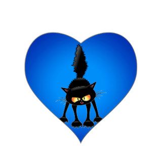 Funny Fierce Black Cat Cartoon Heart Sticker